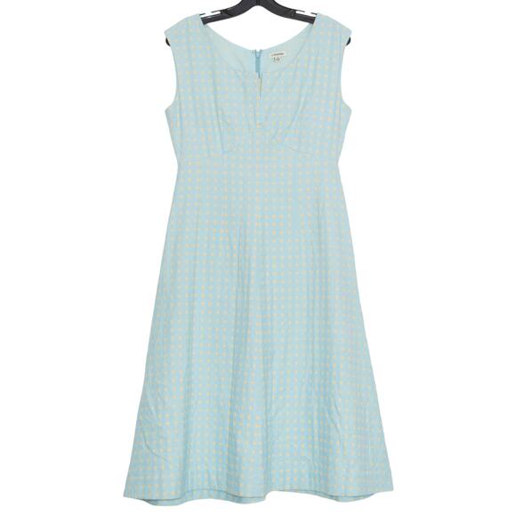 J Peterman Dress Y2K Retro Cottage Coastal Grandma Polka Dot Midi Blue Yellow 6 - Picture 1 of 5